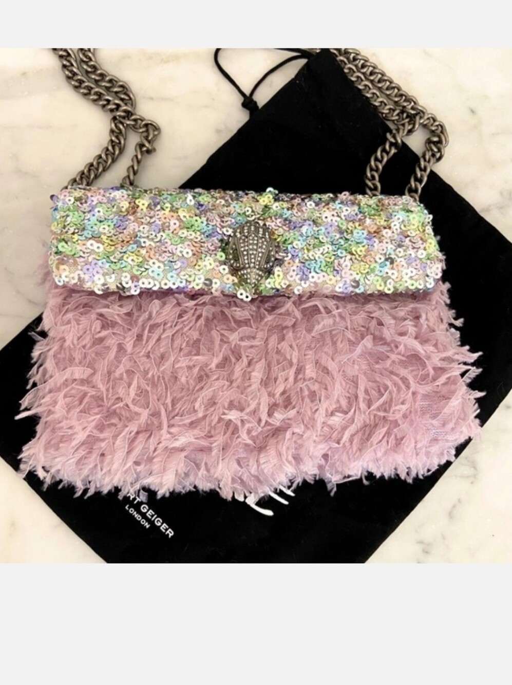 Kurt Geiger Pale Pink Feather & Iridescent Sequin Shoulder Bag